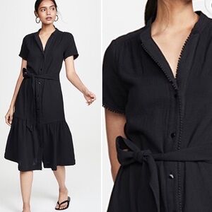 AYR The Kite Midi Dress Black Cotton Gauze Button Front Ruffle Size XS